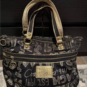 Coach Gold and Black Signature Tote with Metallic Accents